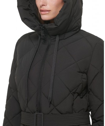 Women's Hooded Belted Diamond Quilted Coat Black $88.20 Coats