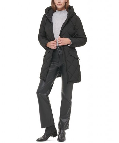 Women's Hooded Belted Diamond Quilted Coat Black $88.20 Coats