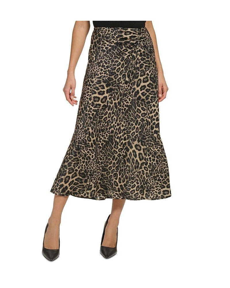 Women's Printed Ruched Satin Skirt Brown $27.52 Skirts