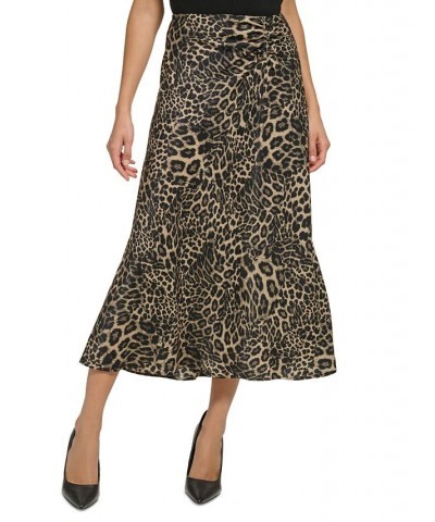 Women's Printed Ruched Satin Skirt Brown $27.52 Skirts