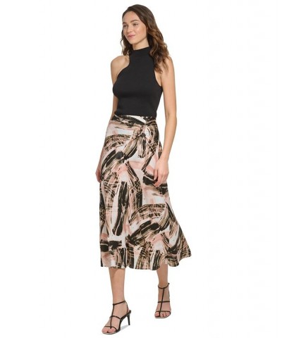 Women's Printed Ruched Satin Skirt Brown $27.52 Skirts