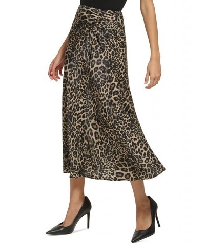 Women's Printed Ruched Satin Skirt Brown $27.52 Skirts