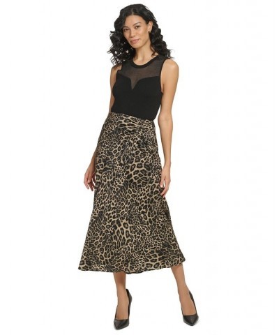 Women's Printed Ruched Satin Skirt Brown $27.52 Skirts