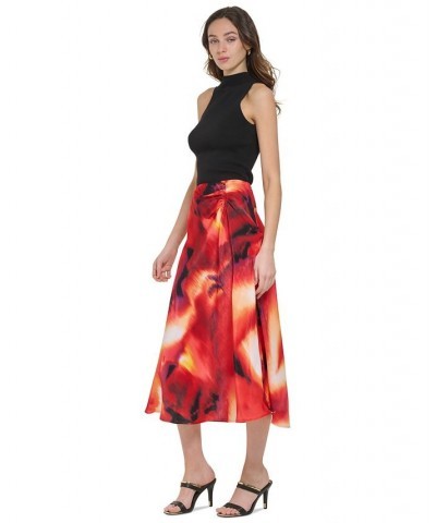 Women's Printed Ruched Satin Skirt Brown $27.52 Skirts