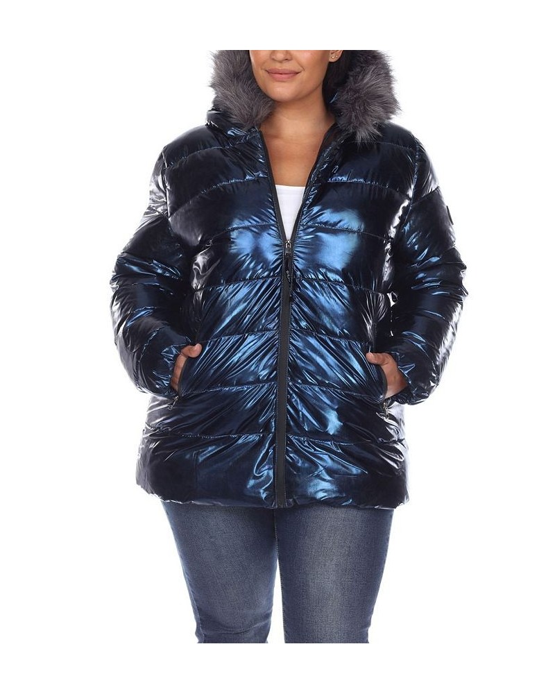 Plus Size Metallic Puffer Coat with Hoodie Navy $37.06 Coats