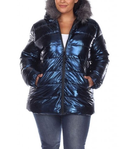 Plus Size Metallic Puffer Coat with Hoodie Navy $37.06 Coats