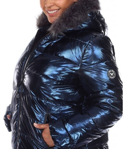 Plus Size Metallic Puffer Coat with Hoodie Navy $37.06 Coats