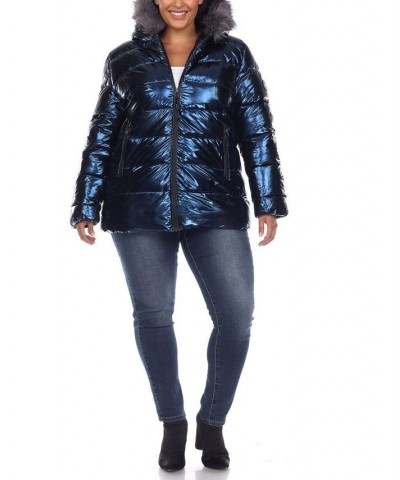 Plus Size Metallic Puffer Coat with Hoodie Navy $37.06 Coats