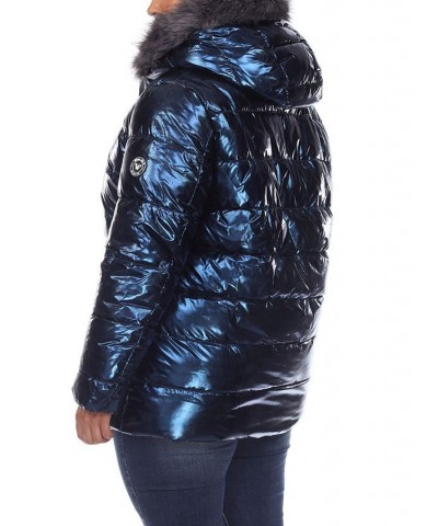 Plus Size Metallic Puffer Coat with Hoodie Navy $37.06 Coats