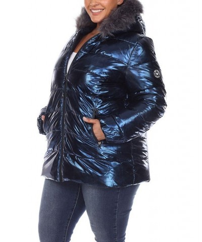 Plus Size Metallic Puffer Coat with Hoodie Navy $37.06 Coats