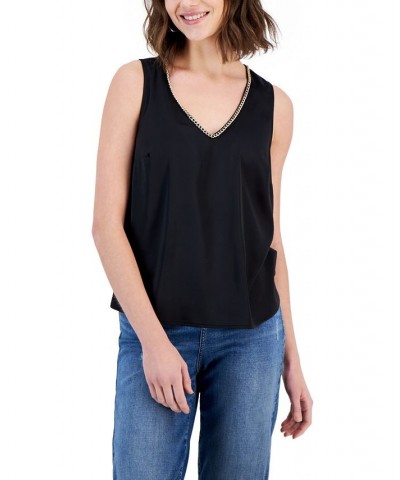 Women's Chain-Trim V-Neck Tank Top Black $25.14 Tops