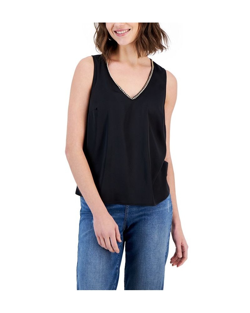 Women's Chain-Trim V-Neck Tank Top Black $25.14 Tops