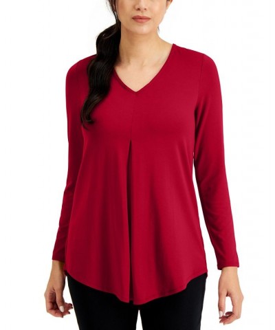 Petite V-Neck Pleat-Front Tunic Red $12.64 Tops