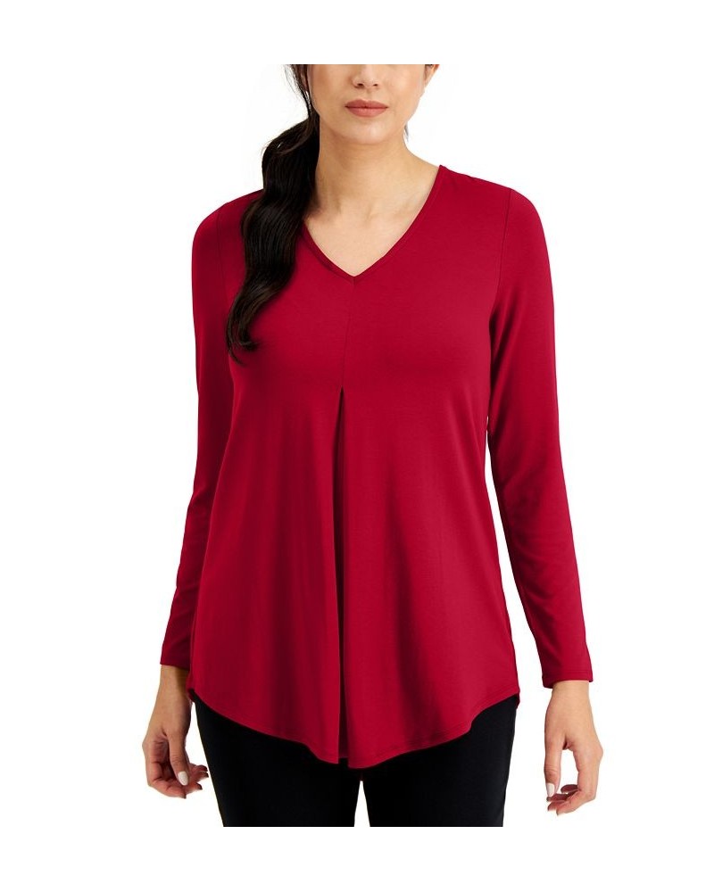 Petite V-Neck Pleat-Front Tunic Red $12.64 Tops