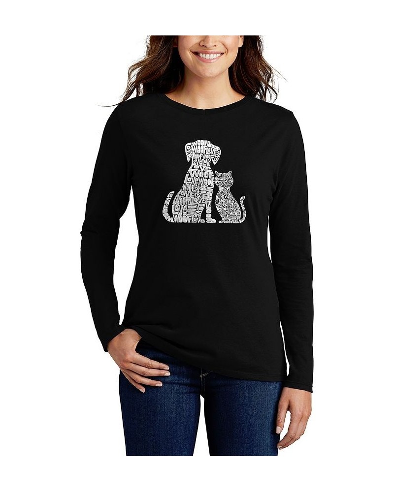 Women's Long Sleeve Word Art Dogs and Cats T-shirt Black $19.97 Tops