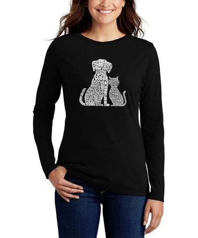 Women's Long Sleeve Word Art Dogs and Cats T-shirt Black $19.97 Tops