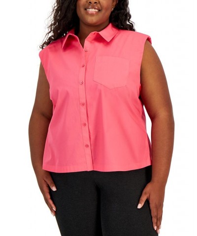 Plus Size Sleeveless Cotton Button-Up Shirt Pink $41.17 Tops