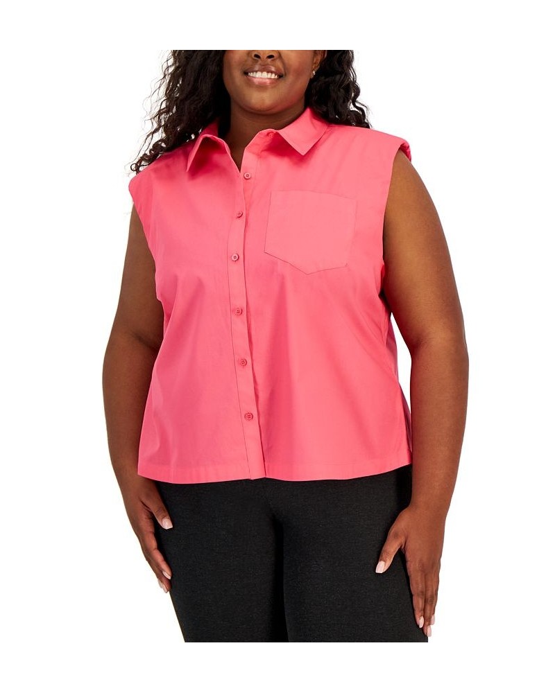 Plus Size Sleeveless Cotton Button-Up Shirt Pink $41.17 Tops