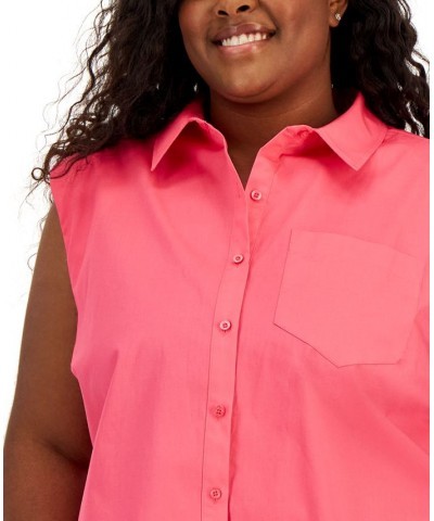 Plus Size Sleeveless Cotton Button-Up Shirt Pink $41.17 Tops