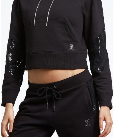 Women's Cropped Logo Sequin Hoodie Black $34.68 Tops