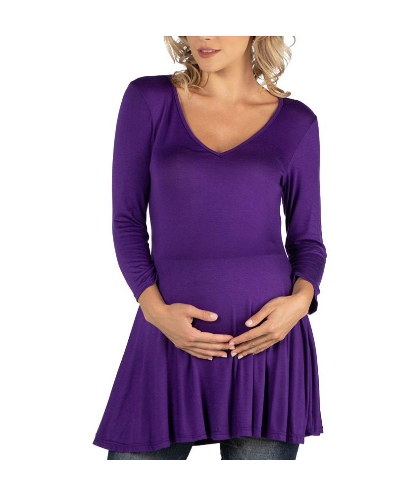 Three Quarter Sleeve V-Neck Maternity Tunic Top Purple $16.55 Tops