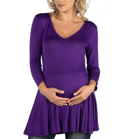 Three Quarter Sleeve V-Neck Maternity Tunic Top Purple $16.55 Tops