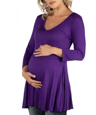 Three Quarter Sleeve V-Neck Maternity Tunic Top Purple $16.55 Tops