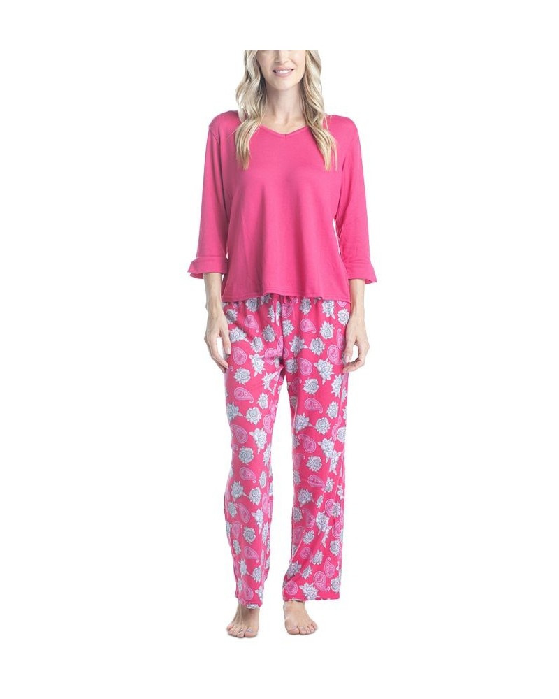 Women's 3/4 Sleeve Top & Boot-Cut Pajama Pants Set Pink $34.22 Sleepwear