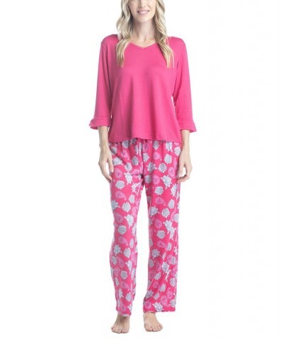 Women's 3/4 Sleeve Top & Boot-Cut Pajama Pants Set Pink $34.22 Sleepwear