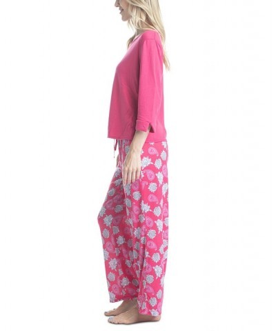 Women's 3/4 Sleeve Top & Boot-Cut Pajama Pants Set Pink $34.22 Sleepwear