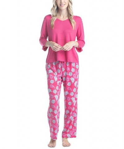 Women's 3/4 Sleeve Top & Boot-Cut Pajama Pants Set Pink $34.22 Sleepwear