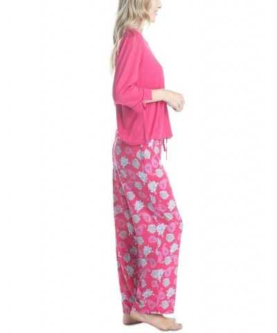 Women's 3/4 Sleeve Top & Boot-Cut Pajama Pants Set Pink $34.22 Sleepwear