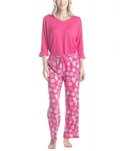 Women's 3/4 Sleeve Top & Boot-Cut Pajama Pants Set Pink $34.22 Sleepwear