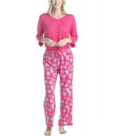 Women's 3/4 Sleeve Top & Boot-Cut Pajama Pants Set Pink $34.22 Sleepwear