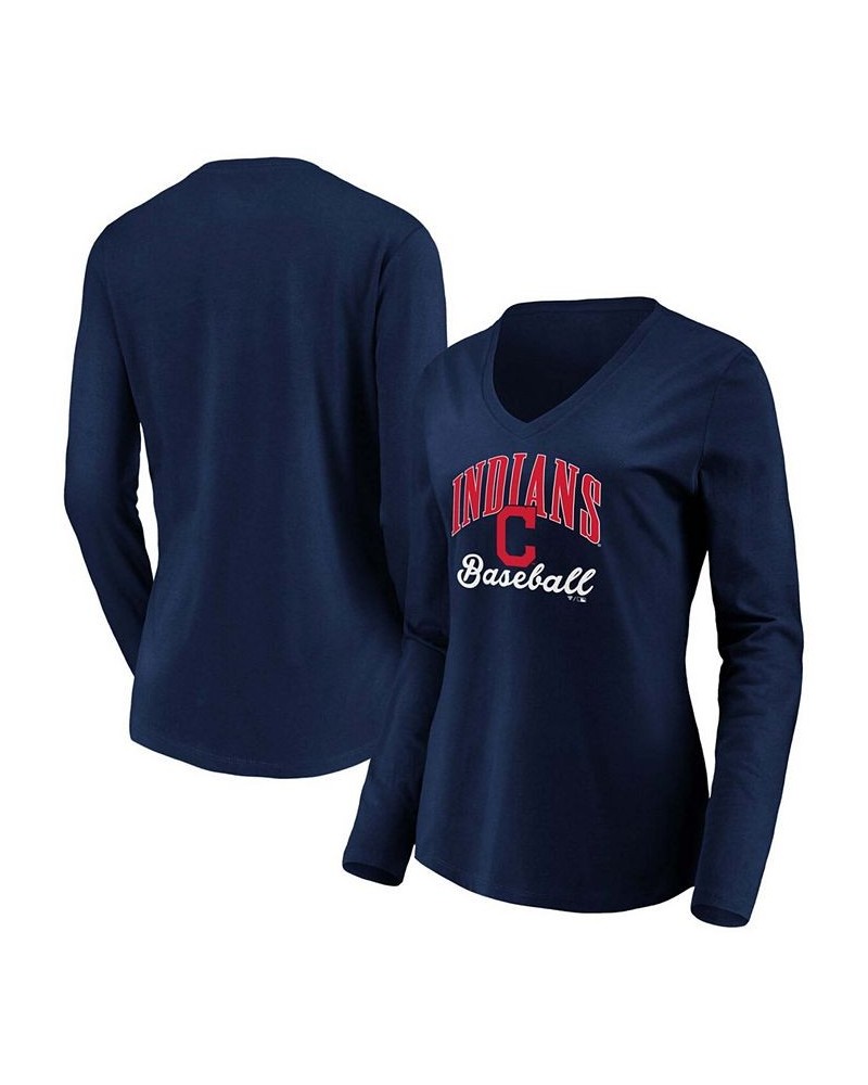 Women's Navy Cleveland Indians Victory Script V-Neck Long Sleeve T-shirt Navy $25.19 Tops