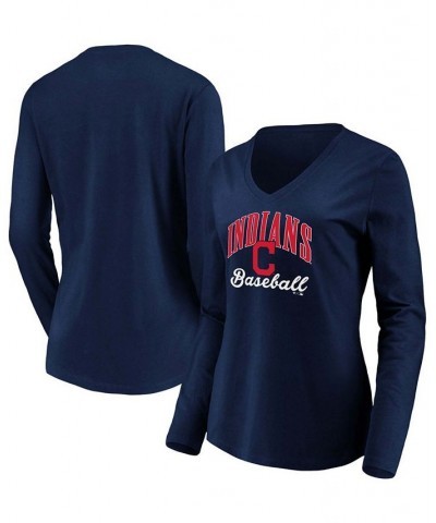 Women's Navy Cleveland Indians Victory Script V-Neck Long Sleeve T-shirt Navy $25.19 Tops