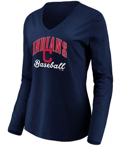 Women's Navy Cleveland Indians Victory Script V-Neck Long Sleeve T-shirt Navy $25.19 Tops