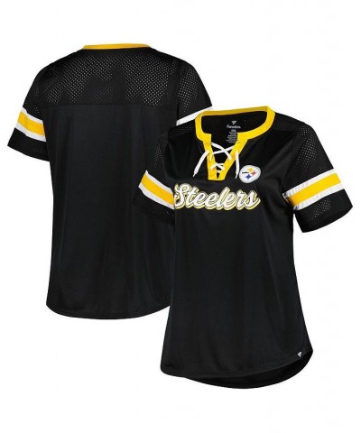 Women's Branded Black Pittsburgh Steelers Plus Size Original State Lace-Up T-shirt Black $36.00 Tops