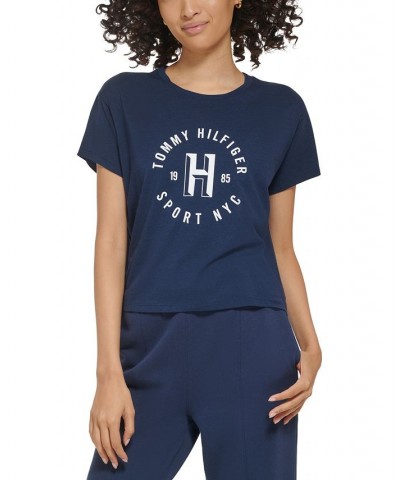 Women's Graphic Logo Print Crewneck T-Shirt Blue $14.28 Tops