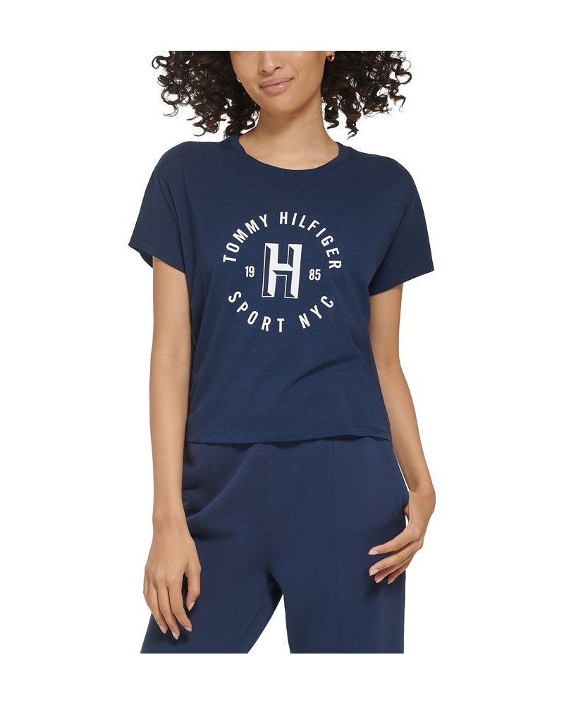 Women's Graphic Logo Print Crewneck T-Shirt Blue $14.28 Tops