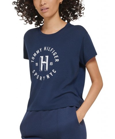 Women's Graphic Logo Print Crewneck T-Shirt Blue $14.28 Tops