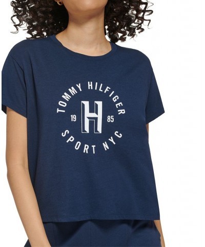 Women's Graphic Logo Print Crewneck T-Shirt Blue $14.28 Tops