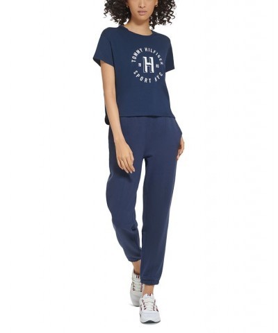 Women's Graphic Logo Print Crewneck T-Shirt Blue $14.28 Tops