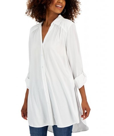 Women's Roll-Tab Button-Down Long Blouse White $24.28 Tops