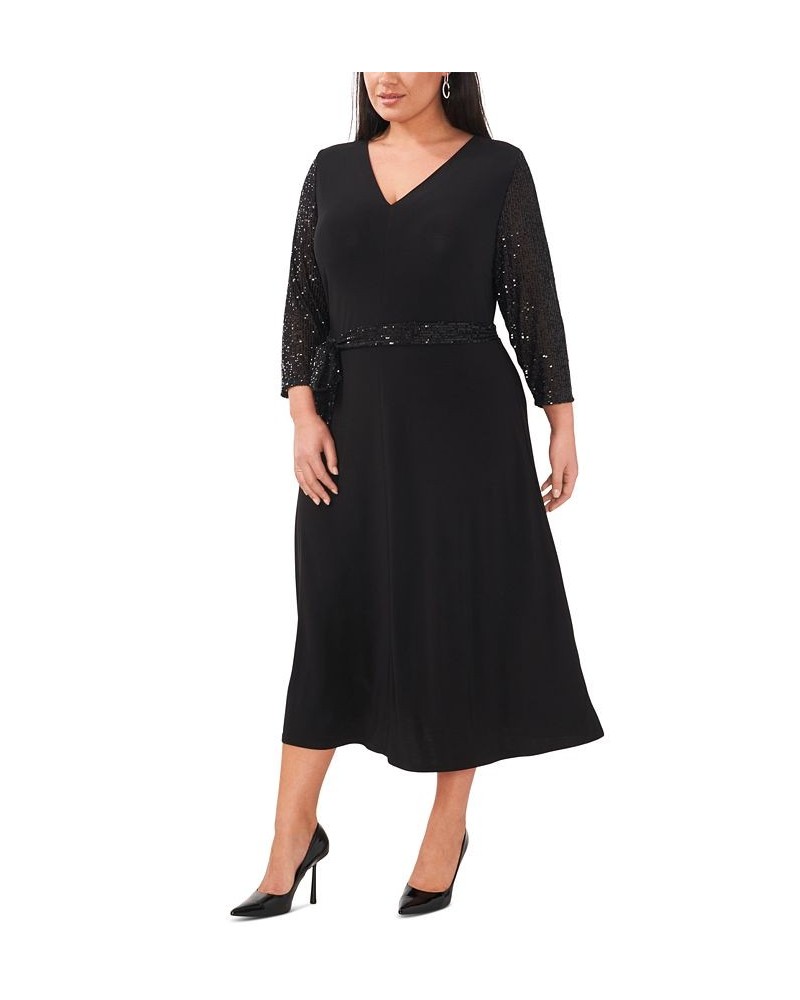 Plus Size V-Neck 3/4-Sleeve Jersey Midi Dress Black $46.87 Dresses