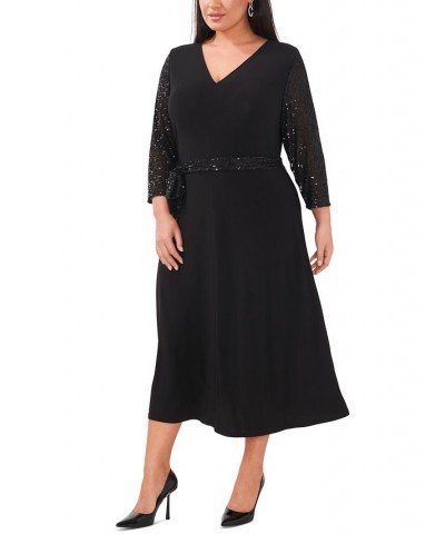 Plus Size V-Neck 3/4-Sleeve Jersey Midi Dress Black $46.87 Dresses