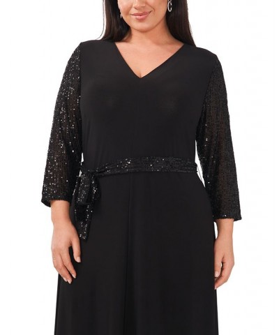 Plus Size V-Neck 3/4-Sleeve Jersey Midi Dress Black $46.87 Dresses