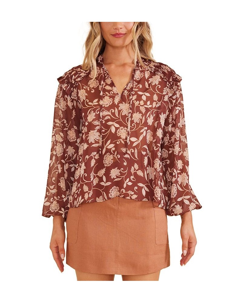 Women's Wren Floral Ruffled Smocked-Shoulder Blouse Chocolate/blush Multi Print $37.06 Tops