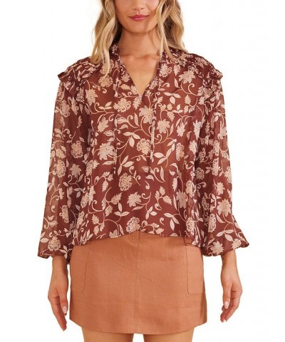 Women's Wren Floral Ruffled Smocked-Shoulder Blouse Chocolate/blush Multi Print $37.06 Tops