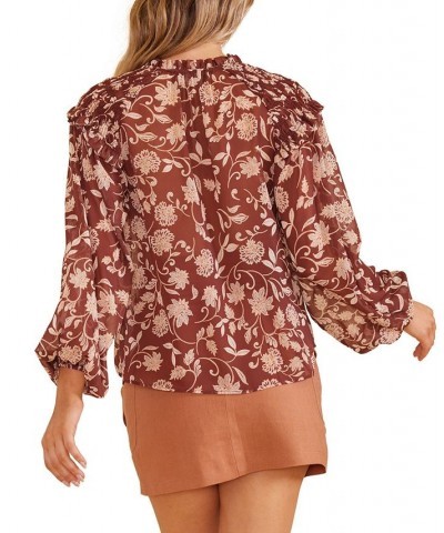 Women's Wren Floral Ruffled Smocked-Shoulder Blouse Chocolate/blush Multi Print $37.06 Tops